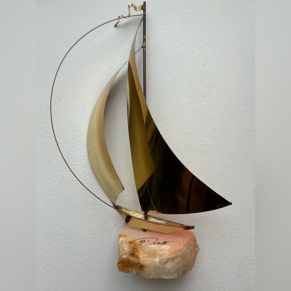 Vintage Original signed John DeMott mid century modern brass sailboat onyx